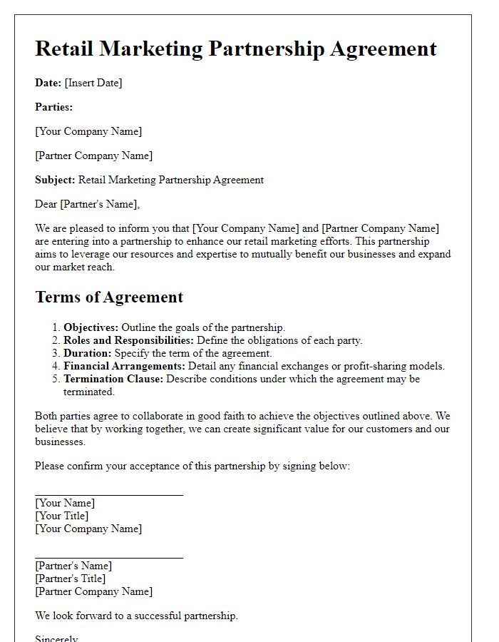 Letter template of Retail Marketing Partnership Agreement