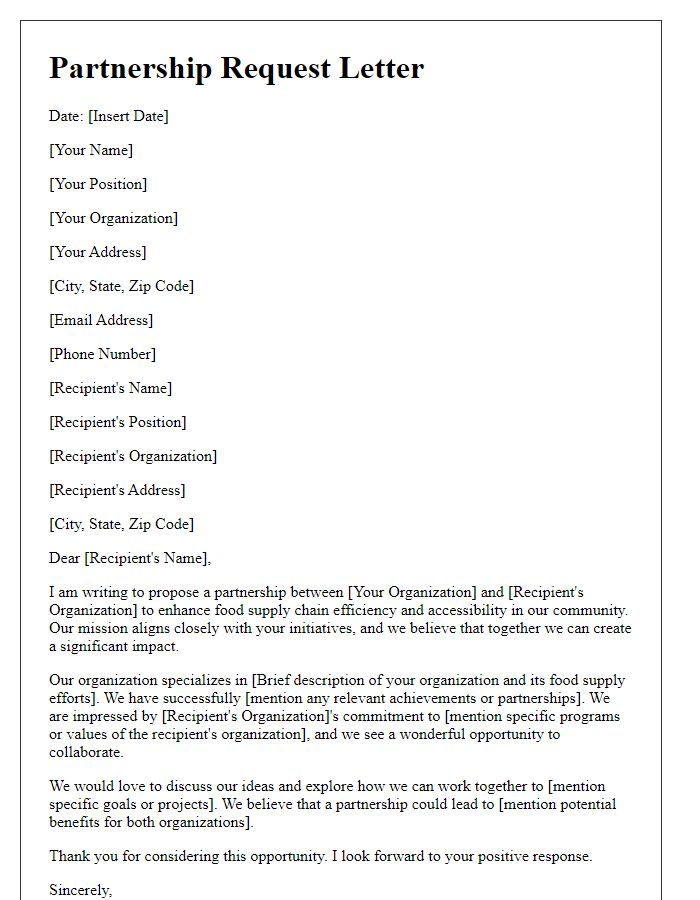 Letter template of food supply partnership request