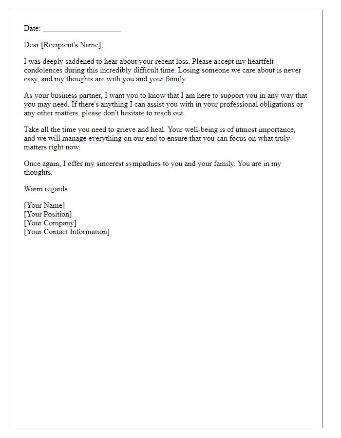 Letter template of heartfelt condolences and support for business partners.