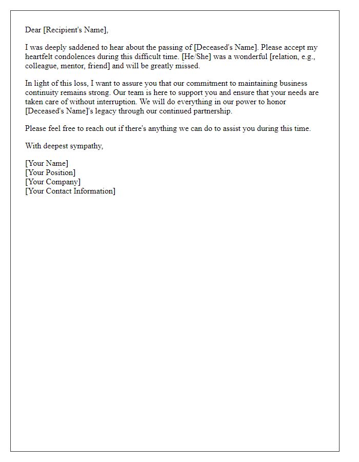 Letter template of kind condolences alongside commitment to business continuity.