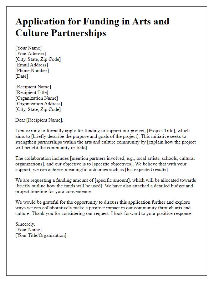 Letter template of application for funding in arts and culture partnerships