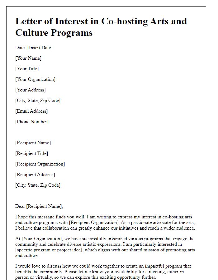 Letter template of interest in co-hosting arts and culture programs