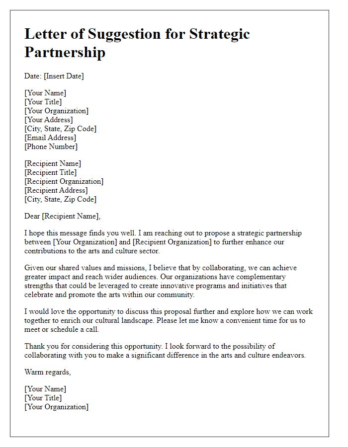 Letter template of suggestion for strategic partnership in arts and culture endeavors