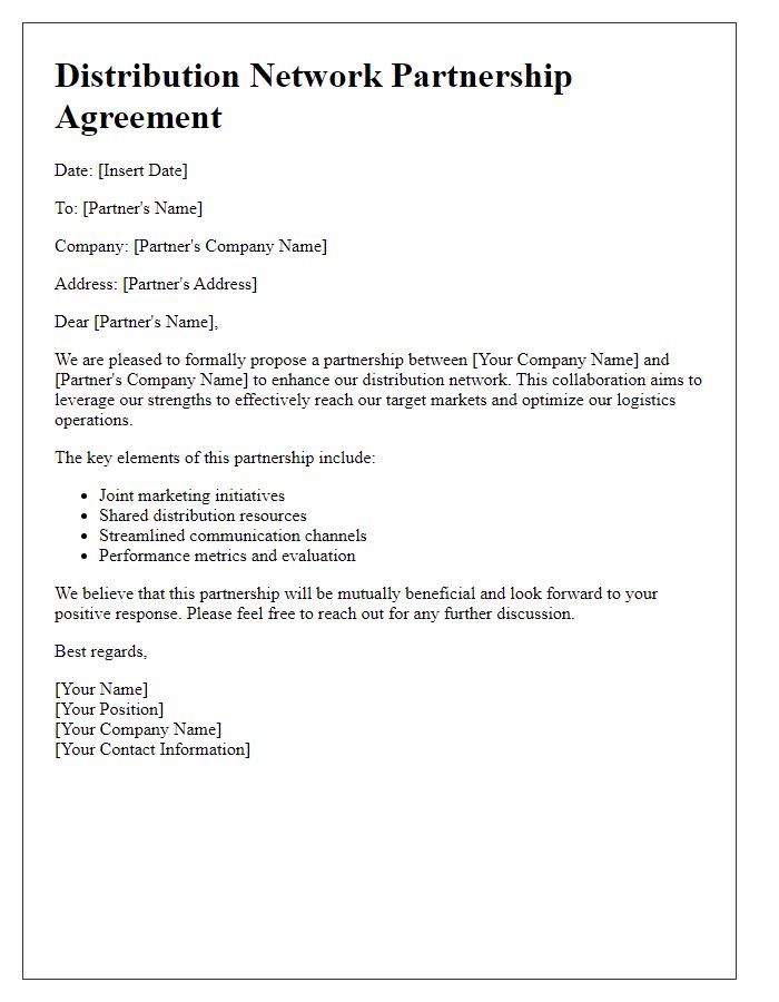 Letter template of distribution network partnership