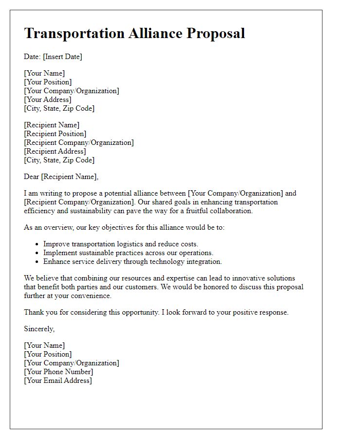 Letter template of transportation alliance proposal