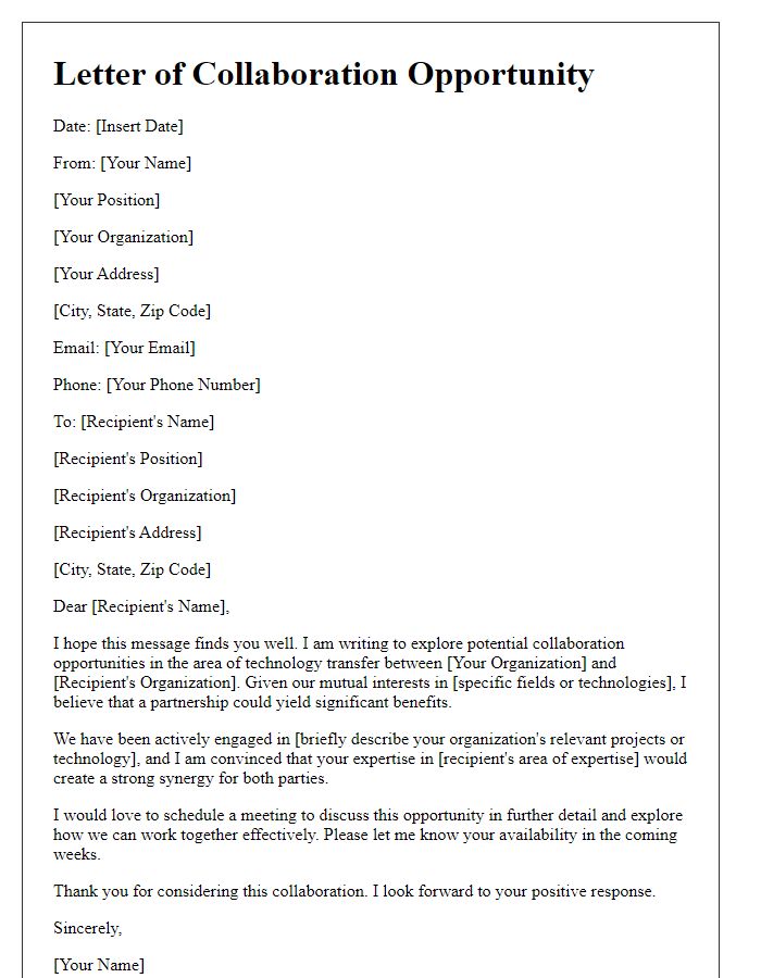 Letter template of technology transfer collaboration opportunity