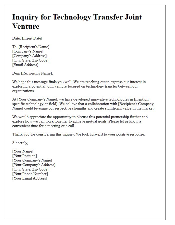 Letter template of technology transfer joint venture inquiry