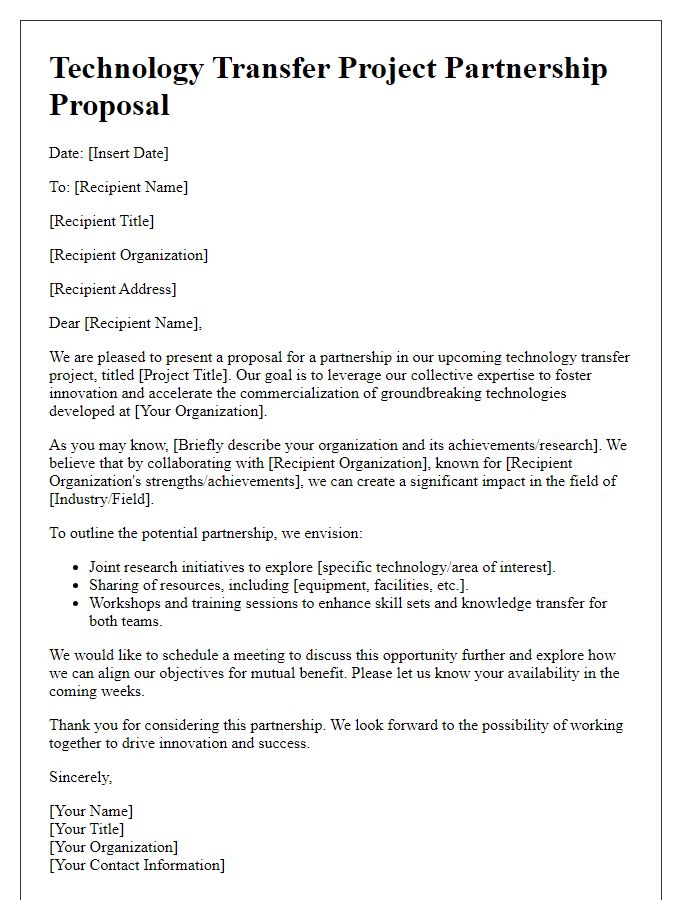 Letter template of technology transfer project partnership