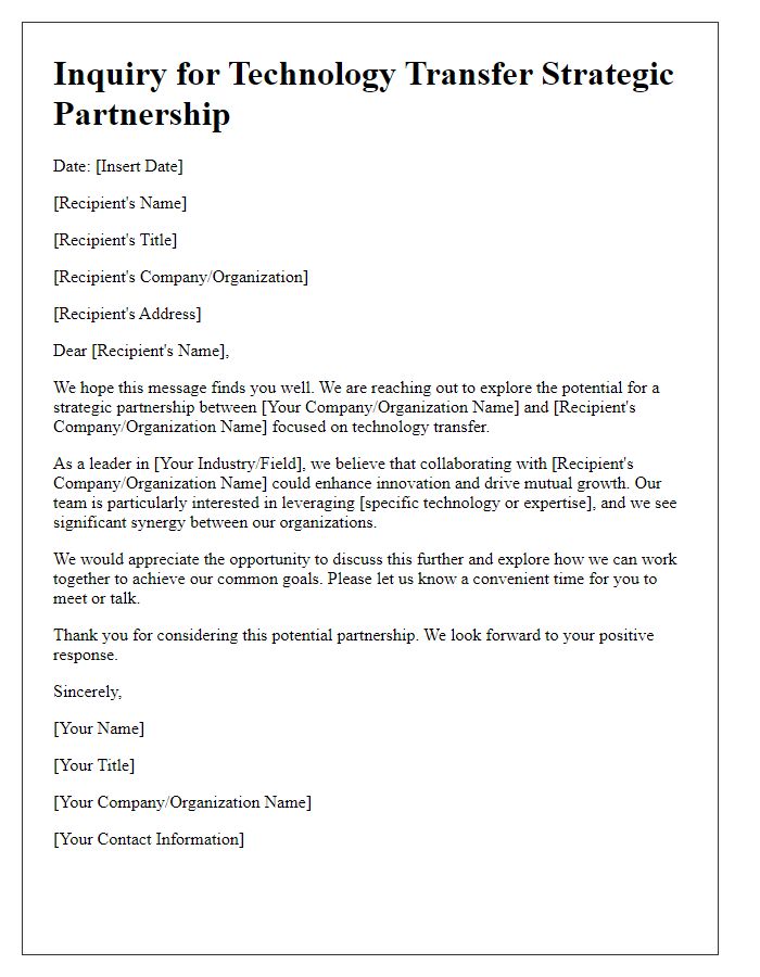 Letter template of technology transfer strategic partnership inquiry