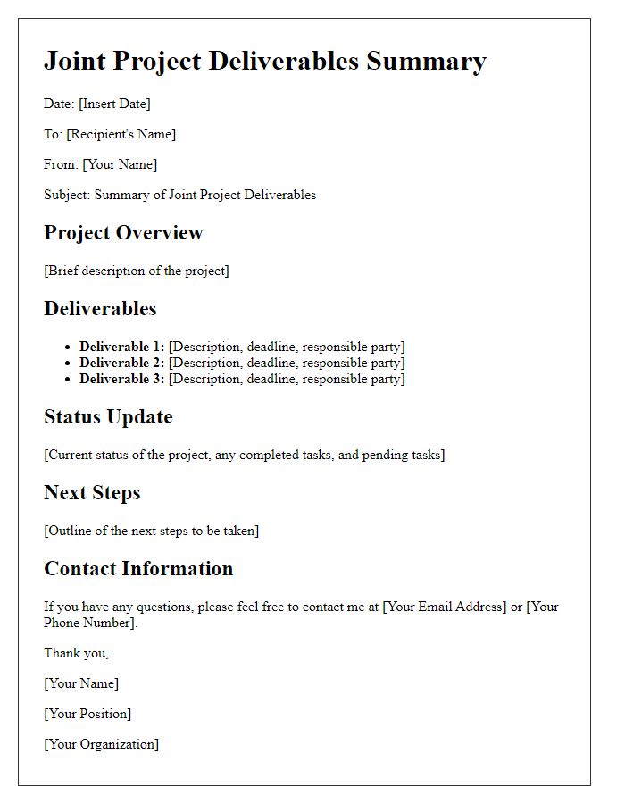 Letter template of joint project deliverables summary