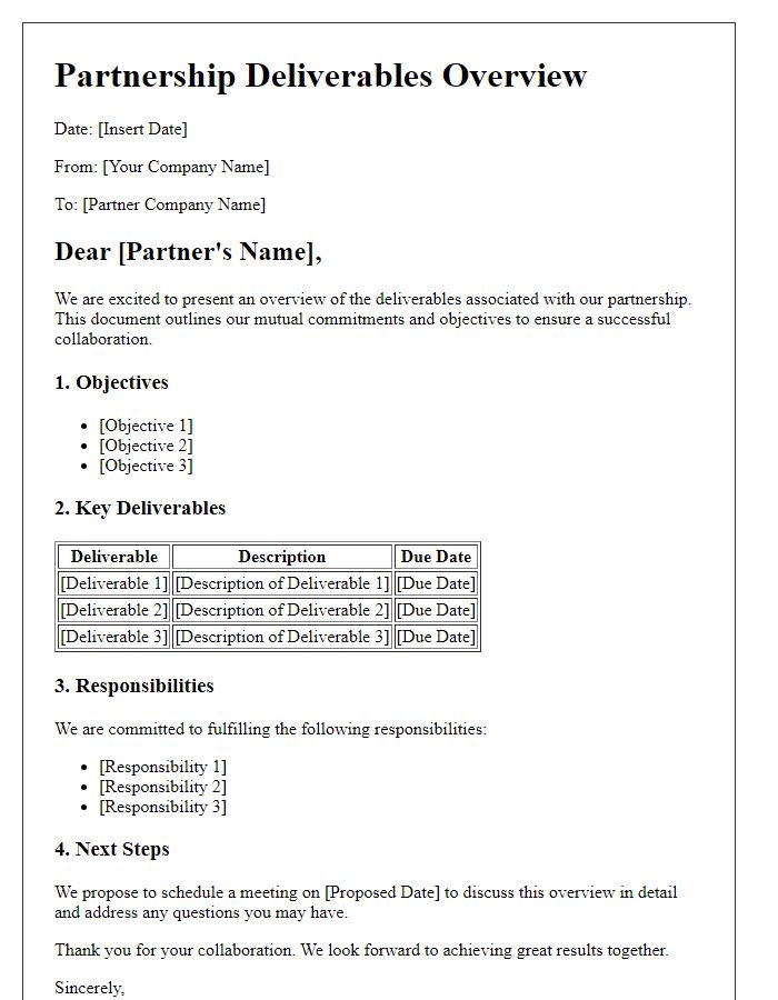 Letter template of partnership deliverables overview