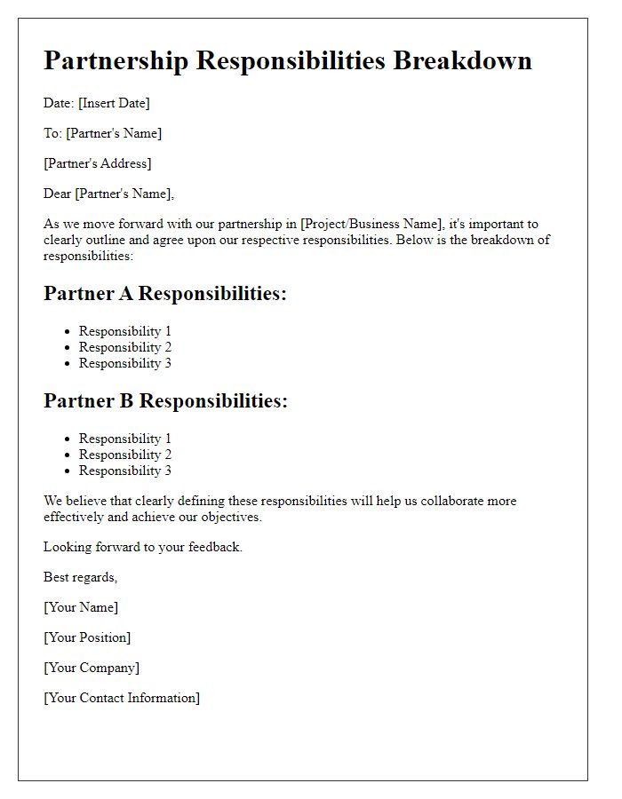 Letter template of partnership responsibilities breakdown