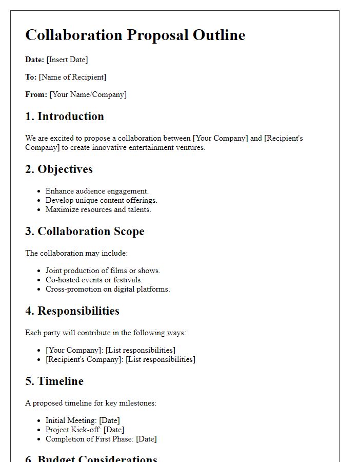 Letter template of collaboration outline for entertainment ventures