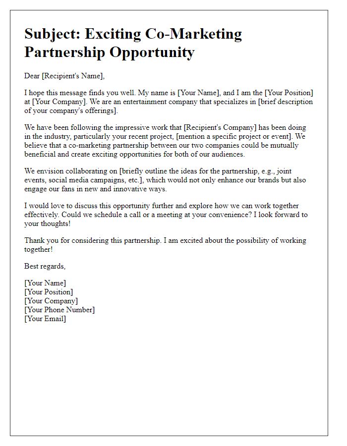 Letter template of outreach for entertainment co-marketing partnership