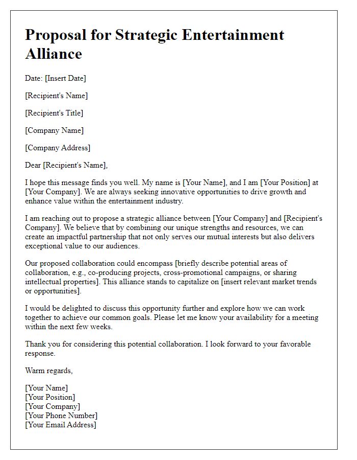 Letter template of pitch for strategic entertainment alliance