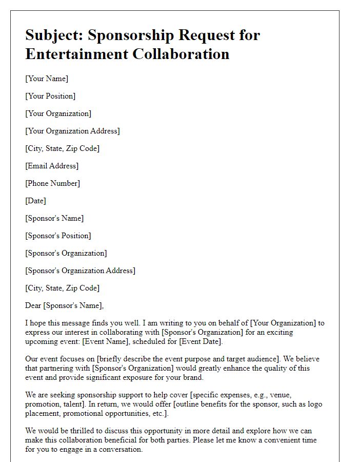 Letter template of sponsorship request for entertainment collaboration