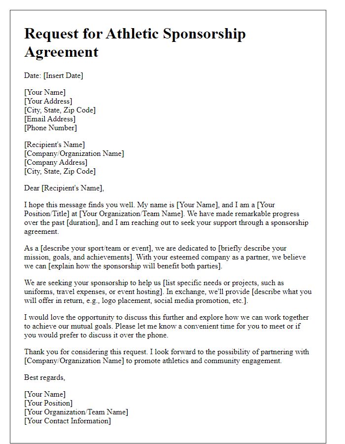 Letter template of request for athletic sponsorship agreement