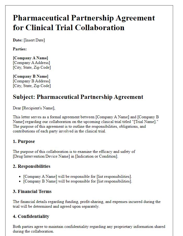 Letter template of pharmaceutical partnership agreement for clinical trial collaboration