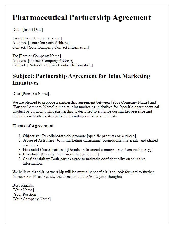 Letter template of pharmaceutical partnership agreement for joint marketing initiatives