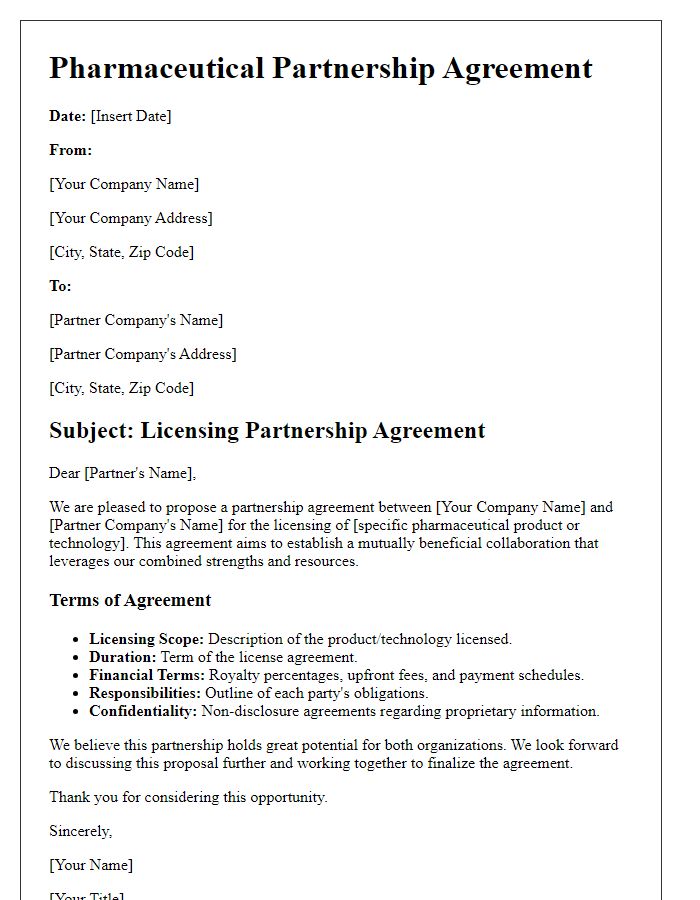 Letter template of pharmaceutical partnership agreement for licensing arrangements