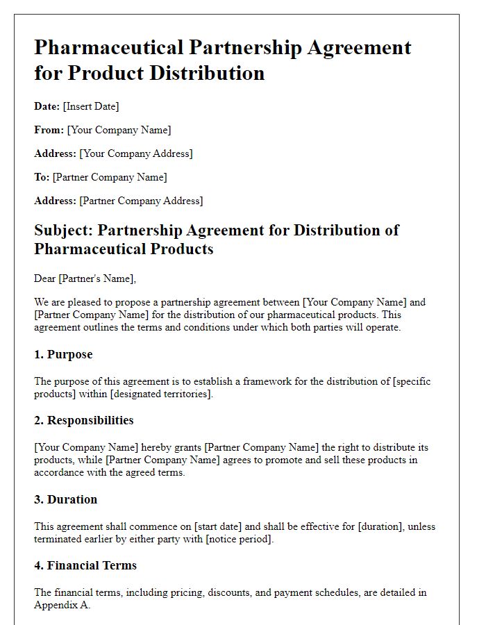 Letter template of pharmaceutical partnership agreement for product distribution