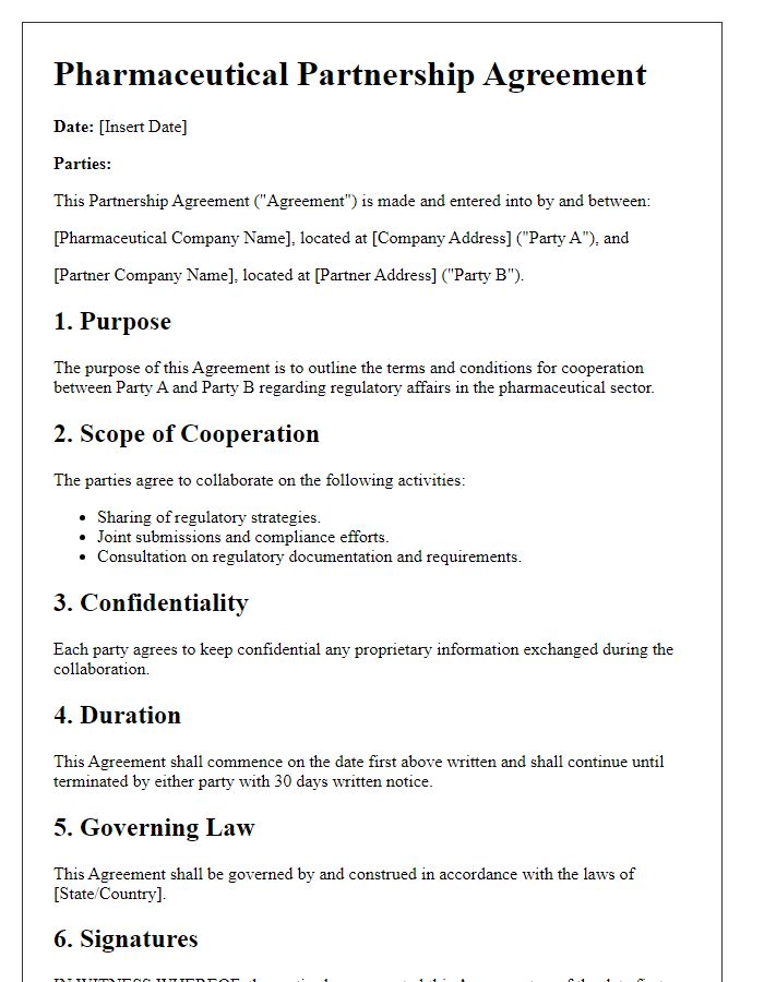 Letter template of pharmaceutical partnership agreement for regulatory affairs cooperation