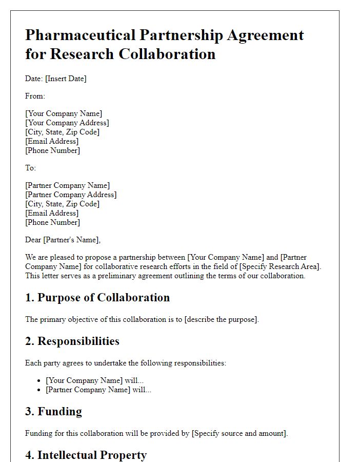 Letter template of pharmaceutical partnership agreement for research collaboration