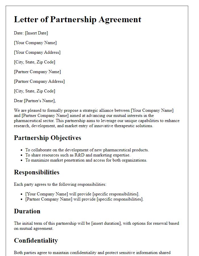 Letter template of pharmaceutical partnership agreement for strategic alliance formation