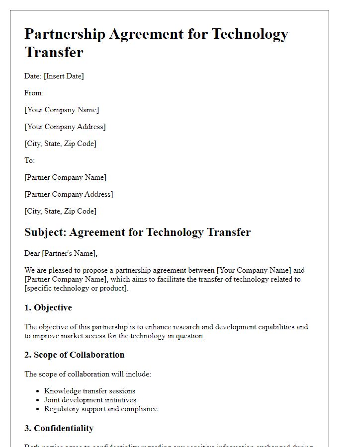 Letter template of pharmaceutical partnership agreement for technology transfer