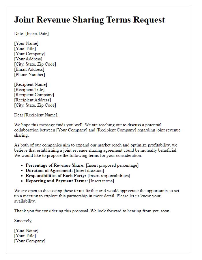 Letter template of joint revenue sharing terms request.