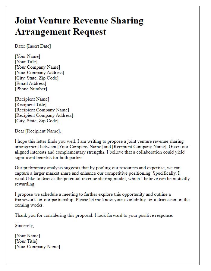 Letter template of joint venture revenue sharing arrangement request.