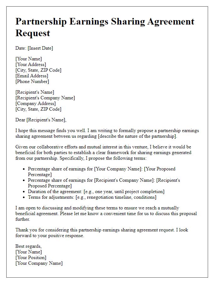 Letter template of partnership earnings sharing agreement request.