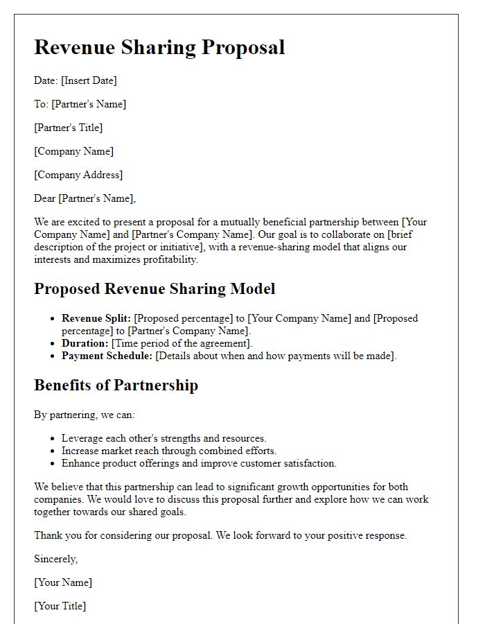 Letter template of revenue sharing proposal for partnership collaboration.