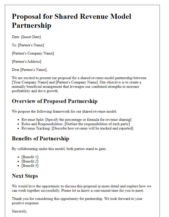 Letter template of shared revenue model proposal for partnerships.