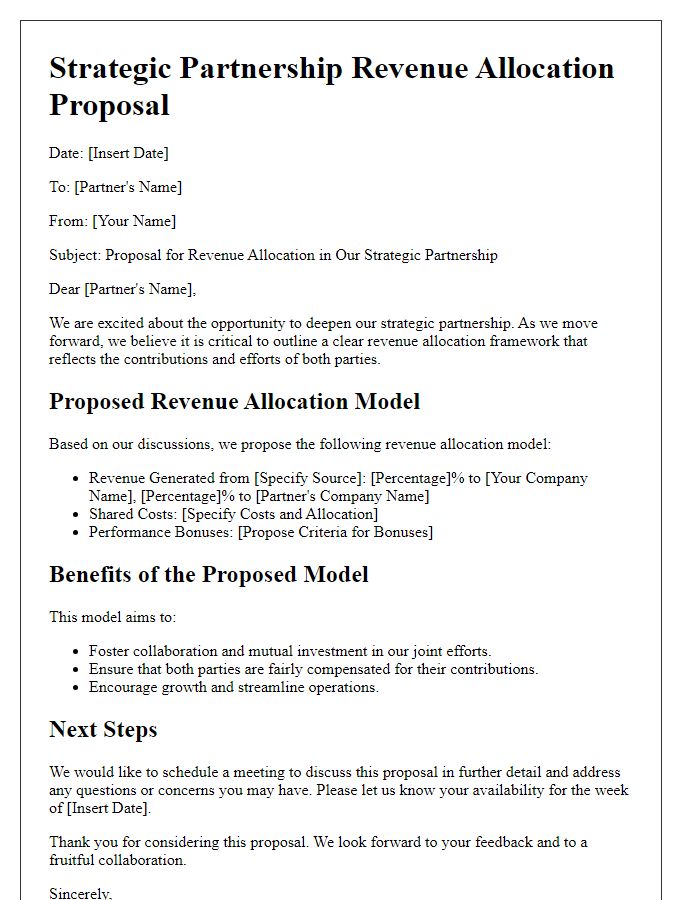 Letter template of strategic partnership revenue allocation proposal.