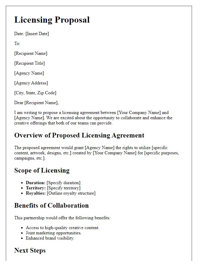 Letter template of licensing proposal for creative agencies