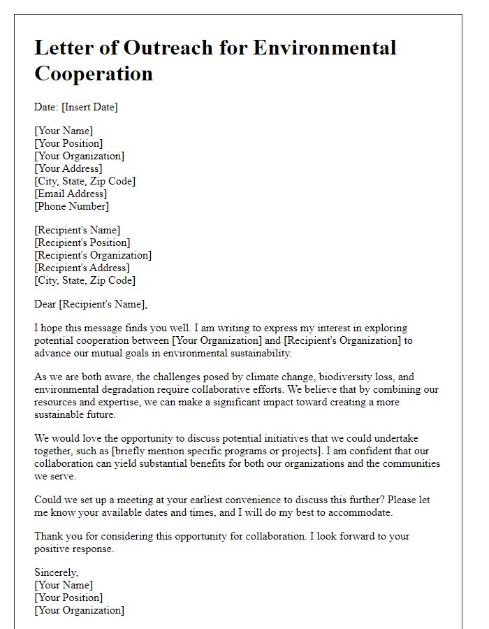 Letter template of outreach for environmental cooperation