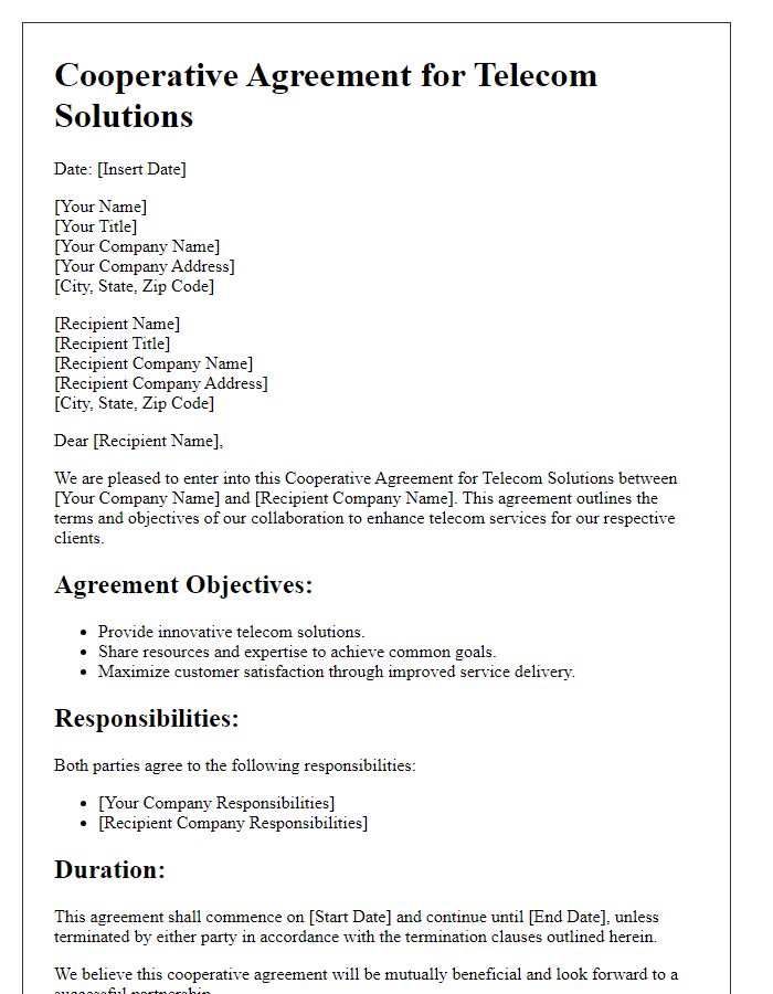 Letter template of cooperative agreement for telecom solutions