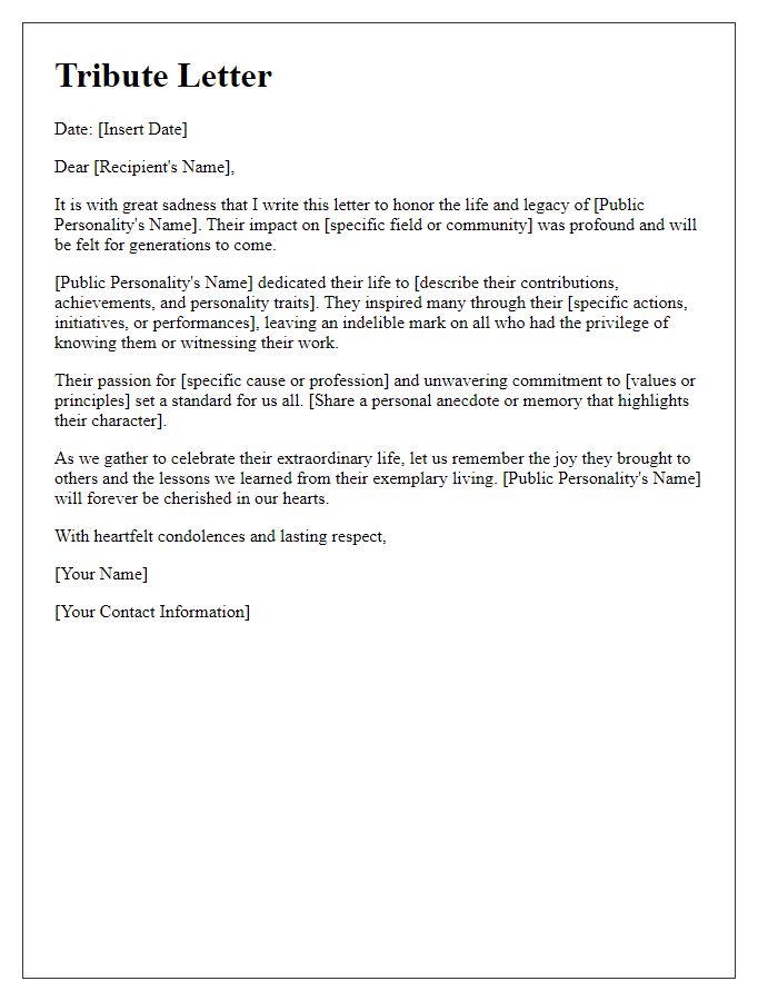 Letter template of tribute for a beloved public personality