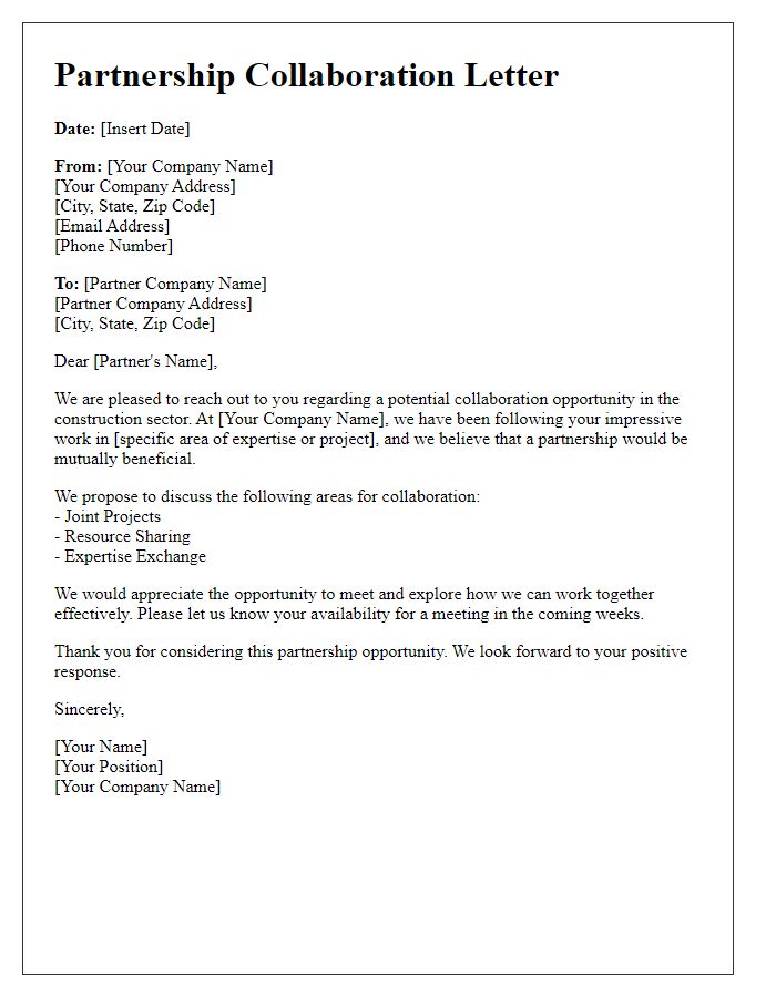 Letter template of construction partnership collaboration letter.