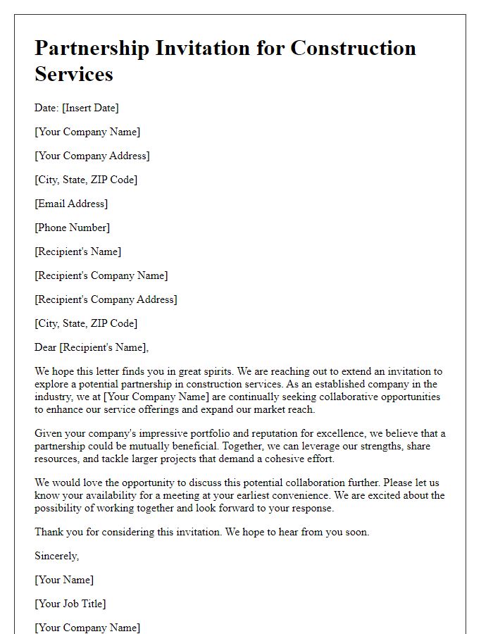 Letter template of partnership invitation for construction services.