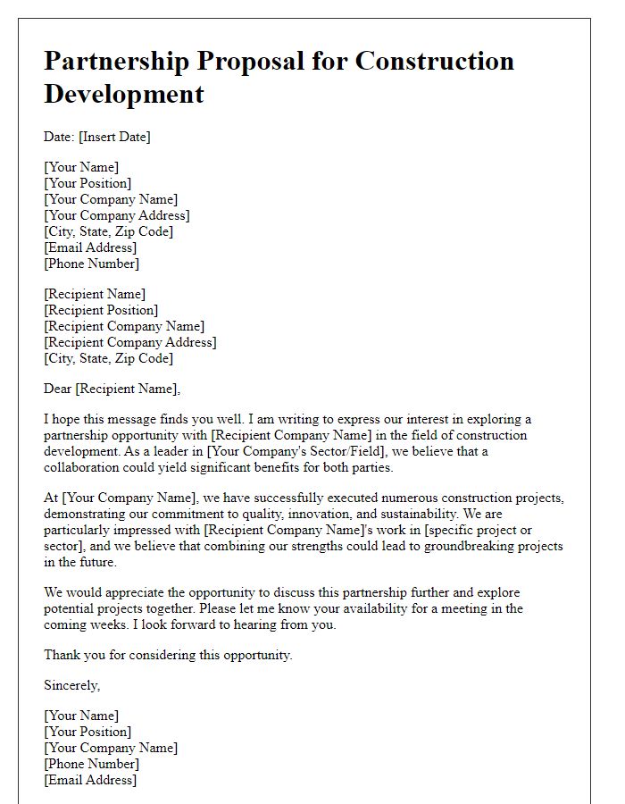 Letter template of seeking partnership in construction development.