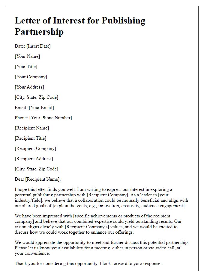 Letter template of publishing partnership exploration