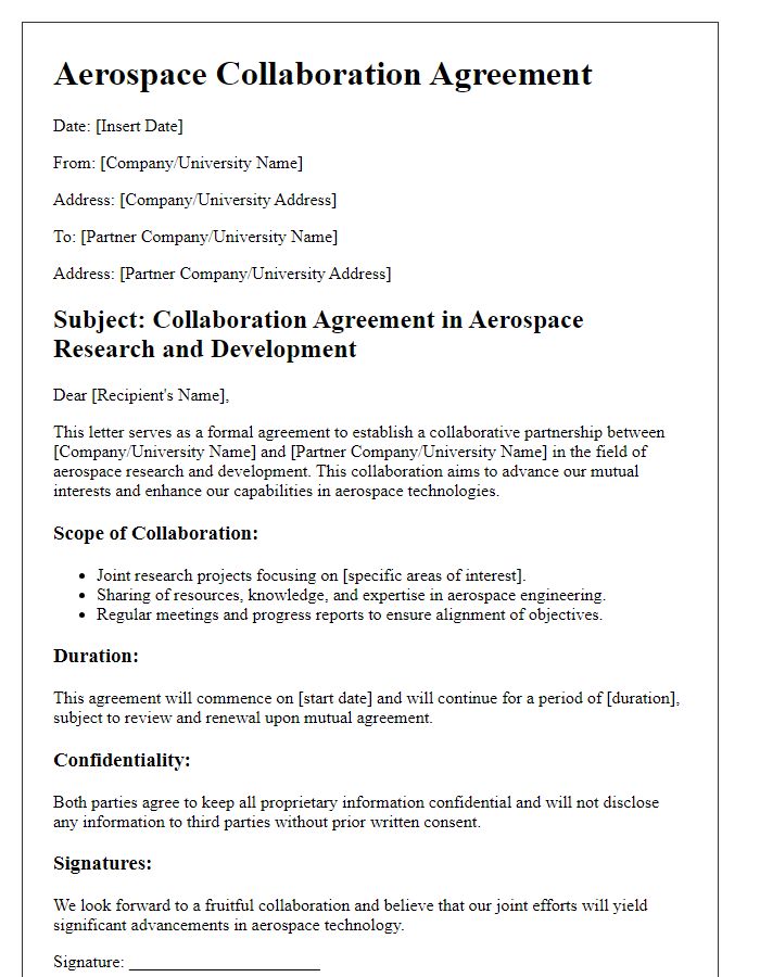 Letter template of aerospace collaboration agreement