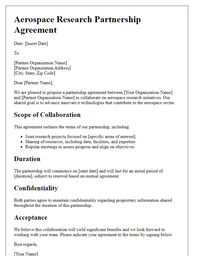 Letter template of aerospace research partnership agreement