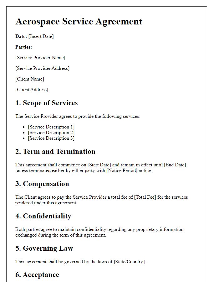 Letter template of aerospace service agreement