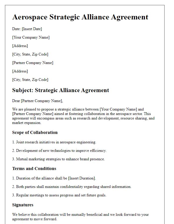 Letter template of aerospace strategic alliance agreement