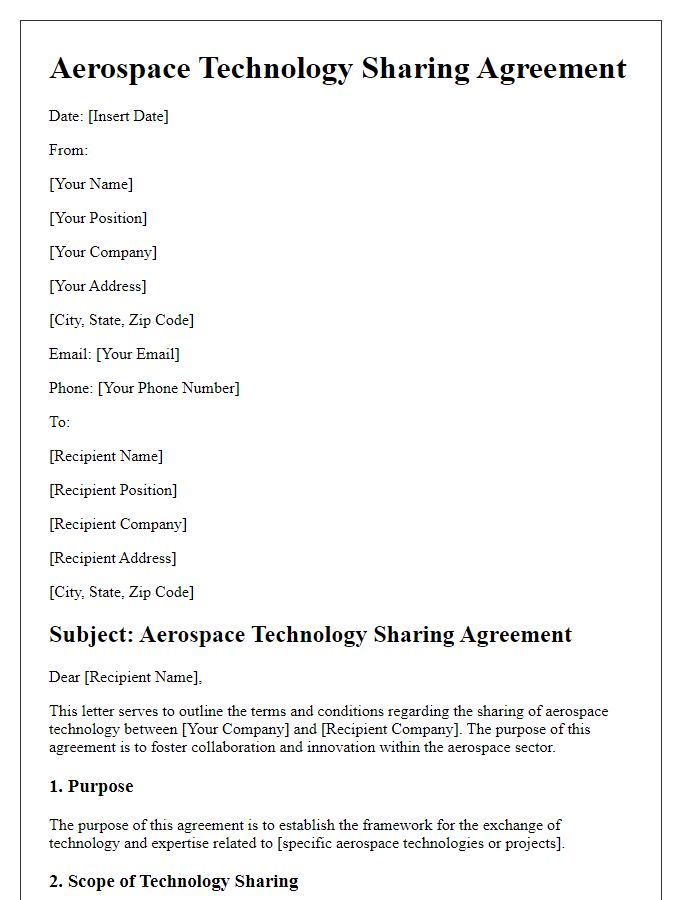 Letter template of aerospace technology sharing agreement