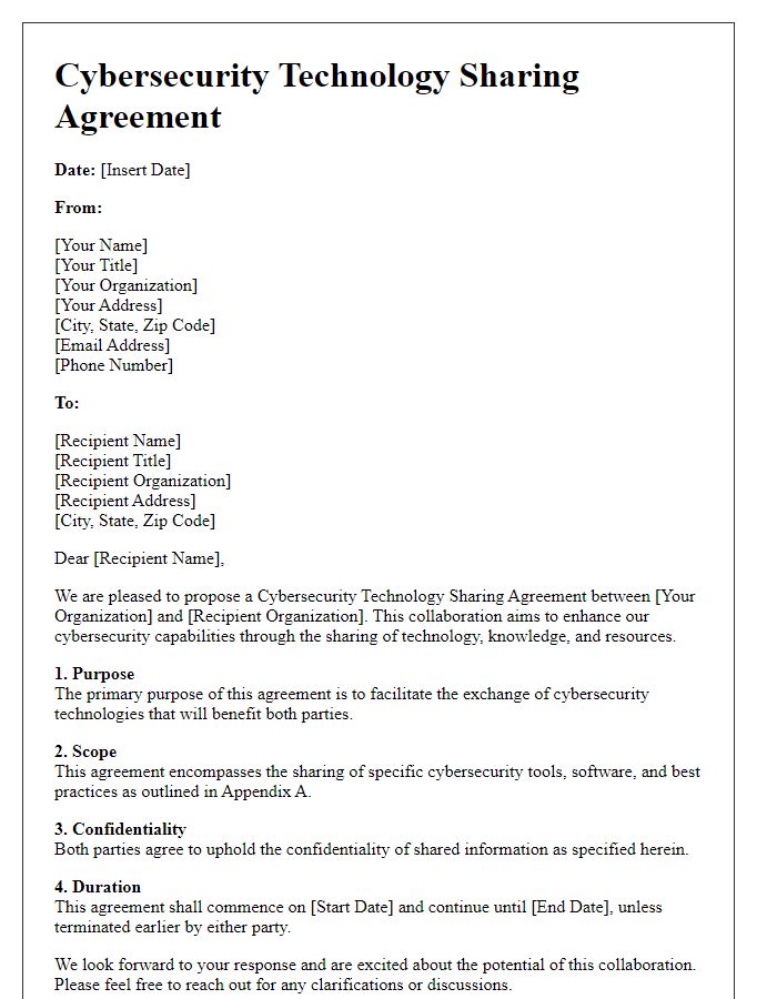 Letter template of cybersecurity technology sharing agreement