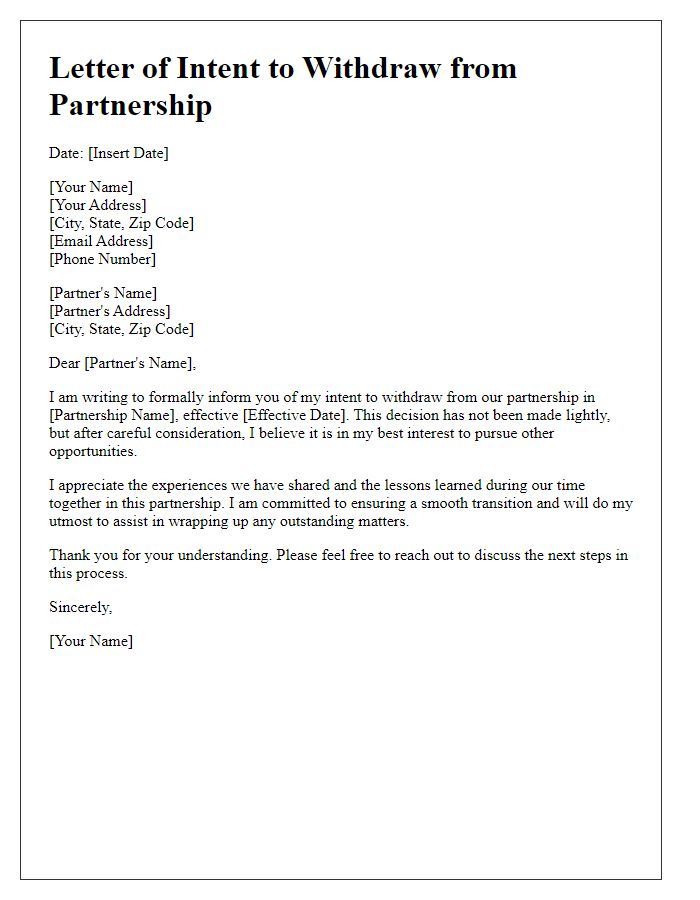 Letter template of intent to withdraw from partnership